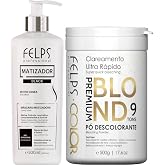 Kit Felps Professional Black 4K Toner Hair Mask 500ml, Premium Blond 9 Tones Bleaching Powder 500g, Gray Effect Treatment Kit for Color-Treated Hair