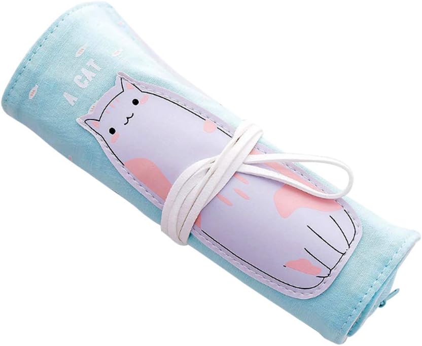 Ranvi Pencil Case, Creative Cartoon Animal, Student Foldable Canvas Curtain,Light Blue Kitten, size3