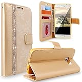 S7 Case, Galaxy S7 Case, Cellularvilla [Diamond Jewel] Embossed Flower Design Premium PU Leather Wallet Case [Card Slots] [Stand Feature] Folio Flip Cover For Samsung Galaxy S7 (Golden Bling)