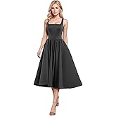 MSMNGZD A-Line Tea Length Party Dress for Women, Pleated Satin Formal Evening Dress Prom Gown Wedding Gown
