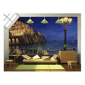 an Oil Painting on Canvas, of a Starry Romantic Evening at The Coast of Amalfi in Italy - Removable Wall Mural | Self-Adhesive Large Wallpaper - 66x96 inches