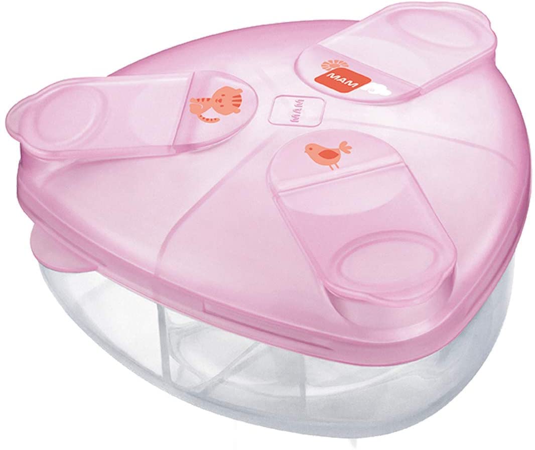 MAM Formula Dispenser | Stores 40g Per Serving and Holds 3 Servings | Spill-Free Snap Cover for Easy Opening | Baby Accessories | Pink (Various Designs)
