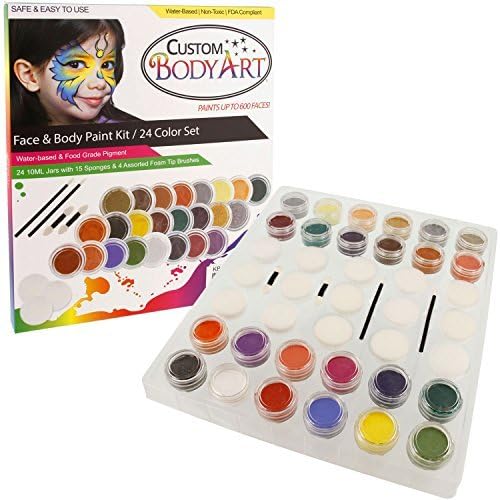 24 Color Pro Face Paint Color Set. Large 10-ml Jars with Applicator Kit. A Full 24 Color Rainbow Pallet, Perfect for Face Painting At Any Children's Party. by Kustom Body Art