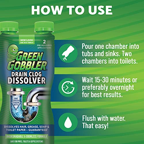 Green Gobbler Liquid Hair Drain Clog Remover, For Toilets, Sinks, Tubs - Septic Safe, 2 Pack + 5 Hair Snake Tools