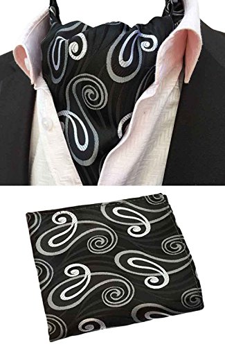 MOHSLEE Mens Black White Paisley Cravat Formal Ascot Scarf Tie Pocket Square Set