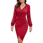ihot Women's 2026 Sexy V Neck Mesh Long Sleeve Faux Wrap Ruched Sheath Bodycon Party Cocktail Work Dress