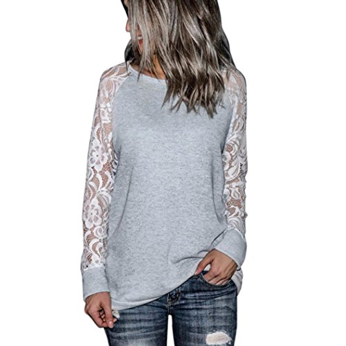 Orangeskycn Fashion Womens Casual Lace Long Sleeve Pullover Crop O-Neck T-Shirt Blouse Tops (Gray, L)