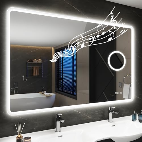 STARLEAD LED-Badspiegel-mit-Bluetooth und 5X Lupe, 70x100cm Spiegel-Bad-mit-Beleuchtung, Entfoggen, Dimmbar, 3 Farbtemperaturen, Speicherfunktion, IP4