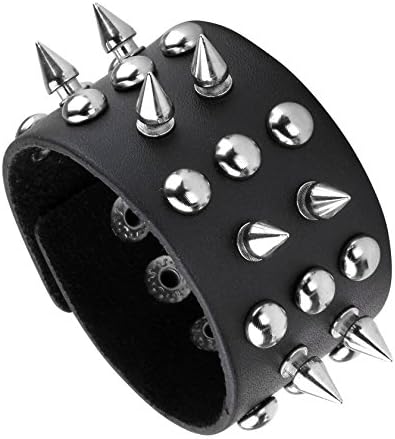 JUSNOVA Unisex Spike Studded Rivet Punk Rock Biker Wide Strap Leather Bracelet Gothic Buckle Wristband Adjustable