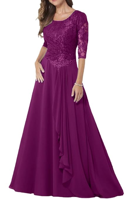 Milano Bride Elegant Damen Chiffon Spitze Brautmutter Kleider Abendkleider Festkleider Lang mit Aermel