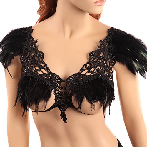 Women Sexy Full Feather Epaulette Harness Strappy Bra Cage Lingerie Cosplay Exotic Gothic Top Elastic Adjustable Plus Size