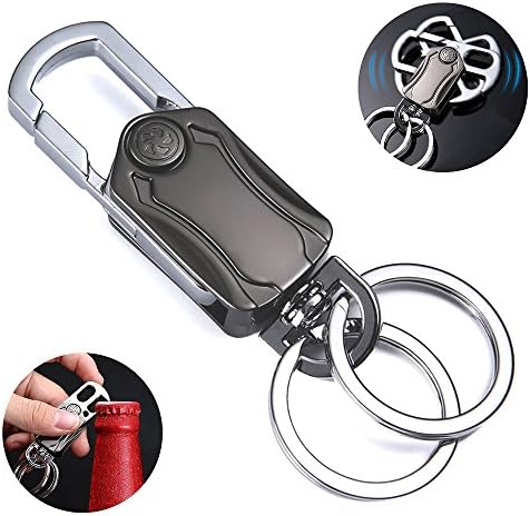 AuHonr Key Chain with Rings Bottle Opener and Clip Hook, Key Buckle with Two 1.18 Inch Key Fob Gift for Women and Men, Zinc Alloy Gun Silver