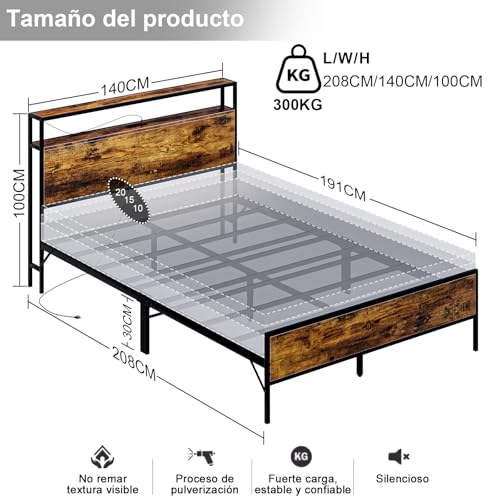Simple Wisdom Cama Matrimonial 1.4 M con Base y Cabecero de Almacenamiento, 2 Salidas de Carga y 2 Puertos USB y Luces LED (Retro)