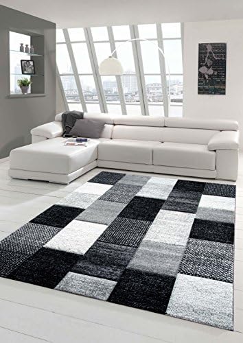 Traum Designer living room rug Contemporary rug Rug low pile carpet with contour cut diamonds pattern Grey White Black size 80x150 cm