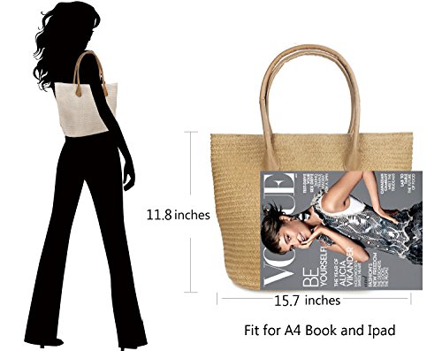 Hoxis Beach Rattan Woven Braid Pu Leather Deco Tote Women Shoulder Handbag (Brown)
