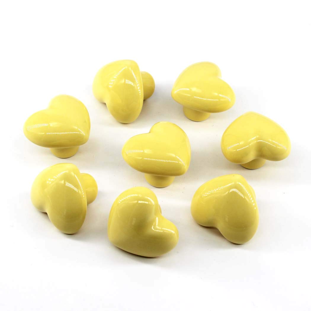 Flomore Yellow Drawer Knob Ceramic Cabinet Knobs Kids Room Handle Pull Heart Shape For Dresser Drawers (Pack of 8 Screws Included)