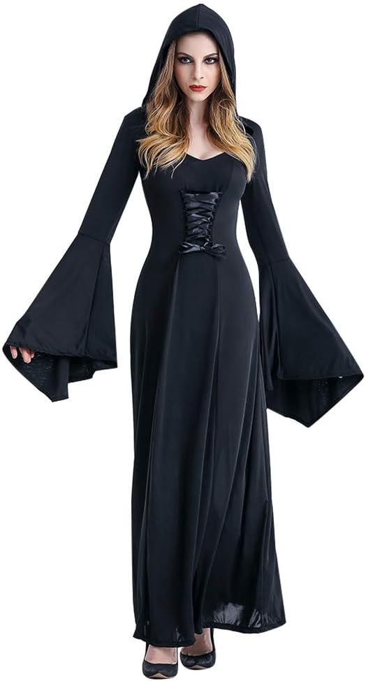 Black Hooded Robe Women Costume Halloween Cosplay Vintage