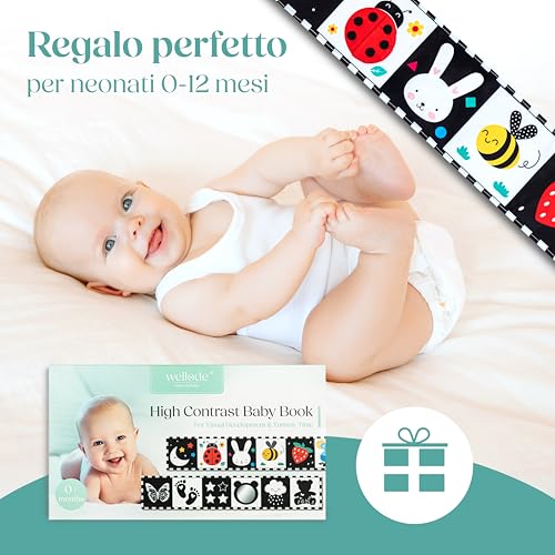 WELLODE Montessori Baby Sensory Book with Teddy Mirror – Black and White Book in Fabric, Montessori – Ultra Soft, Safe and Washable, Ideal for Visual Development and Tummy Time (0-12 Months)