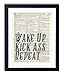Wake Up Kick Ass Repeat Typography Vintage Dictionary Art Print, Antique Wall Art Home Decor, Modern Boho Poster, Farmhouse Decoration Living Room Bedroom Office 8x10 Inches, Ready To Frame