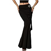 SHENHE Women's Low Waist Gold Buckle Side Strap Bodycon Flared Slim Long Maxi Fishtail Skirt