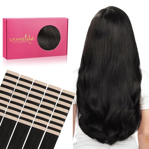WENNALIFE 40 Pieces 50 cm 100 g Natural Black Double Sided Human Hair Extensions Straight Remy Tape in Hair Extensions Silky Hair