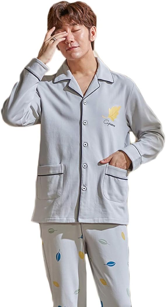 Amazon Co Jp 春秋 メンズ パジャマ ルームウェア 綿 薄手 長袖 長ズボン 上下セット 襟付き 前開き カジュアル コットン 肌に優しい 快適 シンプル おしゃれ 男性用 紳士 ワイド 大きいサイズ 寝巻き 部屋着 2点セット グレー 服 ファッション小物