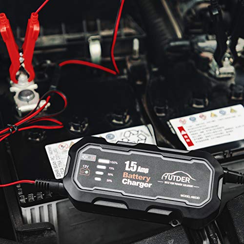 AUTDER 12V 1.5 A Smart Battery Charger with Alligator Clip and Ring Connector Portable Automatic Battery Charger Maintainer for Car Motorcycle Lawn Mower Toy Cars