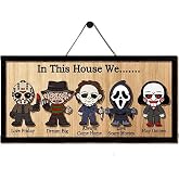 In This House We Horror Halloween, 2 Layered Frame Wood Sign, Halloween Signs, Wall Hanging Scary Decorations, Haunted Party, Spooky Movie Characters decor for Indoor Outdoor Wall Desk (HANG)