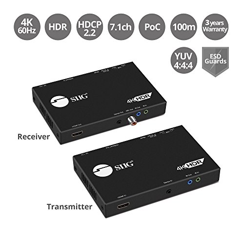 SIIG HDBaseT HDMI Extender 4K 60Hz HDR HDMI 2.0 with USB 2.0 KVM RS 232 & Dual IR Over CAT5e/CAT6/CAT7 330ft (1080p) or 230ft (4K 60HZ) YUV 4:4:4 - HDCP 2.2 Compliant - EDID, PoC (CE-H23411-S1)