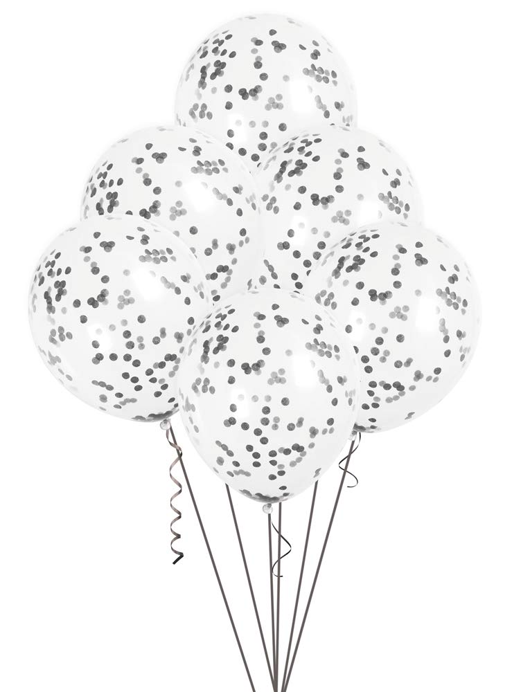 Black Confetti Clear Latex Balloons (30cm) Pack of 6 - Transparent Premium Latex, Perfect for Parties & Celebrations