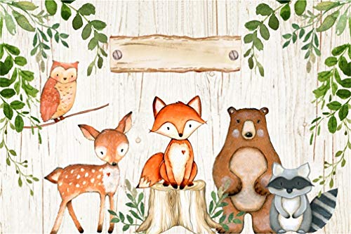 Leyiyi 7x5ft Cartoon Zoo Animals on Wooden Board Backdrop Rustic Kids Birthday Banner Baby Shower 1st B Day Background Watercolor Tree Branch Enchanted Forest Portrait Vinyl Prop Studio Wallpaper