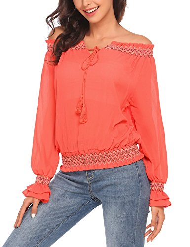 Elesol Women Elastic Off Shoulder Ruffle Stretch Tops Summer Chiffon Blouse Orange Red/M