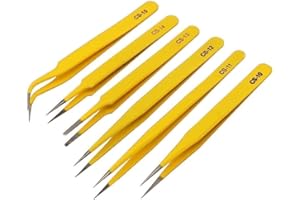 ZYNCUE 6PCS Stainless Steel Anti-Static Tweezers for Electronics and Watch Repair, Curved and Straight Tip Set, Yellow