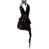 Verdusa Women's Summer Dress Y2k Halter Mini Dress Mesh Backless Dress Floral Ruffle Dress Wedding Guest Dress