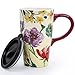 Minigift Ceramic Coffee Mug，Flower Travel Cup with Lid，Handmade Milk Tea Mug 16oz-Colorful