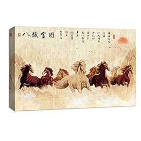 Canvas Wall Art Chinese Eight Horses Painting Artwork for Home Prints Framed - 12x18 inches