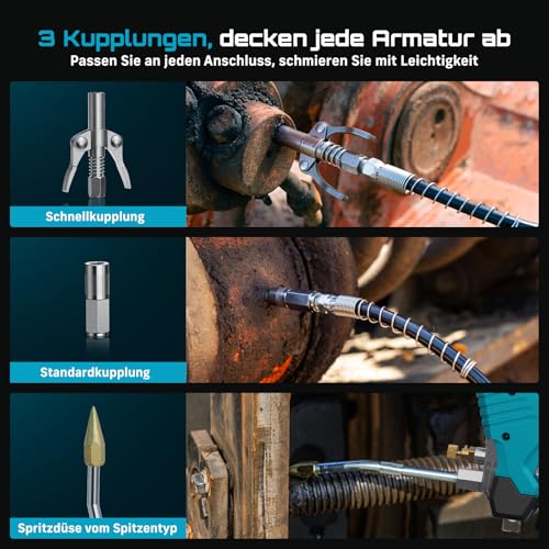 Seesii 12000PSI Battery Grease Gun Set Compatible with Makita 18 V Battery (without Battery), 3 Speeds, Brushless Motor, 3 Mouthpieces, 1 m Long Hose, 90 Degree Adapter and LED Light