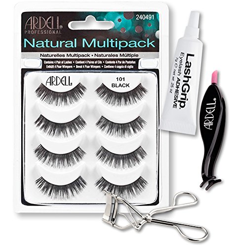 Ardell Fake Eyelashes 101 Value Pack - Natural Multipack 101 (Black), LashGrip Strip Adhesive, Dual Lash Applicator, Cameo Eyelash Curler - Everything You Need For Perfect False Eyelashes