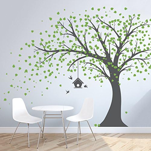 Wallums Large Windy Tree Wall Decal with Birdhouse - 96" Tall - Dark Grey Trunk with Lime Green Leaves