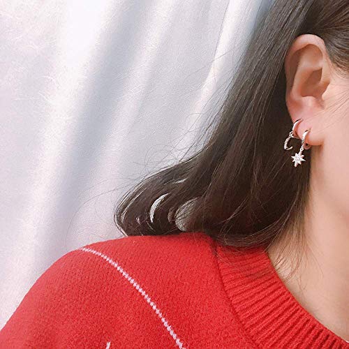 CZ Moon Star Dangle Small Hoop Earrings for Women Girls Sterling Silver Charms Crystal Asymmetrical Snowflake Crescent Drop Mini Cartilage Clip Jewelry Delicate Fashion Birthday Gifts