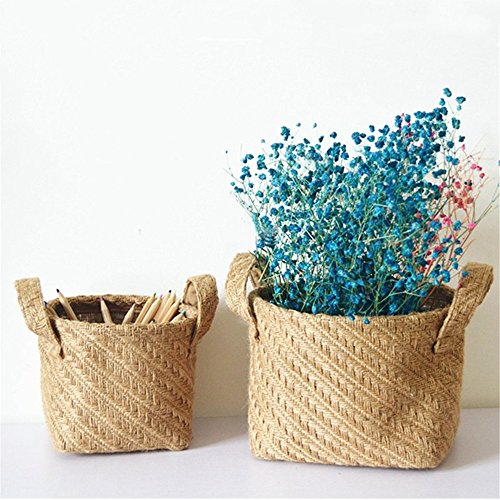 Storage Basket Flower Pot Blended Weaving Line Laundry Handmade Organizer Plant Box Garden Kids Toys Nursery Handle Bag by Xiaolanwelc (Weaving linen, L)