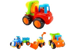 OKKIDY 4 Pcs Tractor, Bulldozer, Cement Mixer Truck Toys for 1 2 3 Year Old Boys, Toddler Boy Trucks, Push and Go Toy Construction Technic Vehicles Set for Baby 18 Month+ Kids, Dumper Toddler Gift