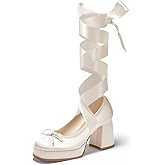Coutgo Womens Lace Up Heels Platform Chunky High Heel Pumps Bow Closed Square Toe Party Ballet Dress Shoes