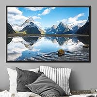 Framed Canvas Wall Art Calming Waters Aerial Cool Lake Landscape Multicolor Photography Realism Relax/Calm - 16x24 inches