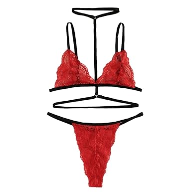 friendGG Sexy Exquisite Spitze Roter Wäsche-BH + Unterhose Set Babydoll Cut-Out Nachtwäsche Einfarbig Damen Tanga Bikini Stri