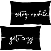 Sidhua Family Sentiment Themed Pillowcases Decorations for Home, Get Cozy Stay Awhile Black Throw Pillow Covers 12’’x20’’Set of 2, Housewarming Gifts, Couples Gifts, Bed Gifts