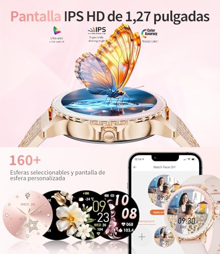 LIGE Smart Watch for Women Phone Call 1.27" HD Round Elegant Rose Gold Stainless Steel Diamond Smartwatch for Android iOS, Heart Rate, Sleep Monitor, Menstrual Cycle