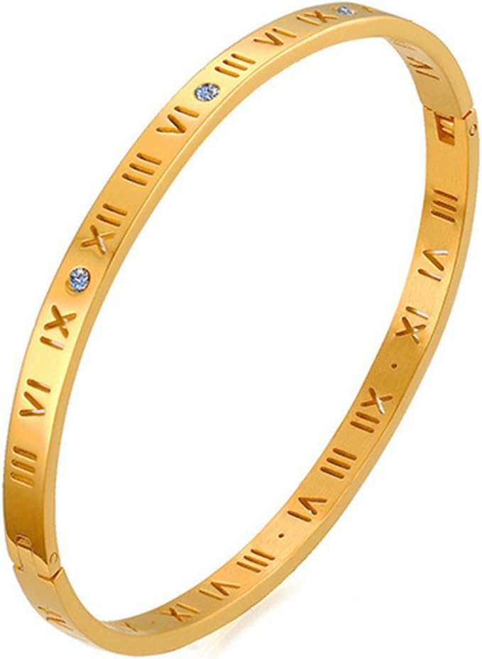 Stainless Steel Bangle Bracelet for Women Girls White Zirconia Roman Numerals 0.45x6CM Gold
