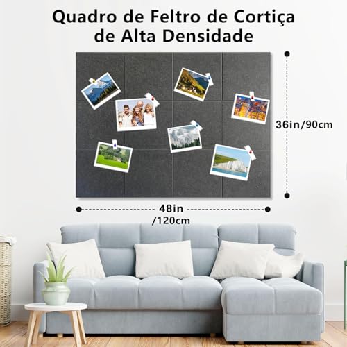 Quadro de Cortiça Feltro 120x90, GODREAM Quadro de Aviso, Mural de Recado Fotos Grande, Placa de Cortiça Autoadesivo, Organizador de Parede para Escritório, Casa, Escola, 12 peças (Cinza escuro)