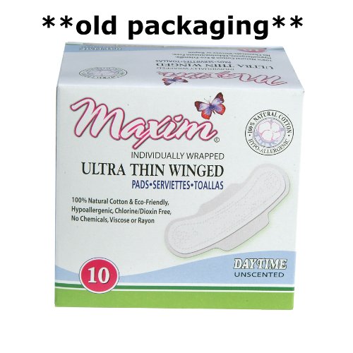 Maxim Ultra Thin, Winged, Chlorinie Free, Hypoallergenic Pads, Daytime, 10 Count Box